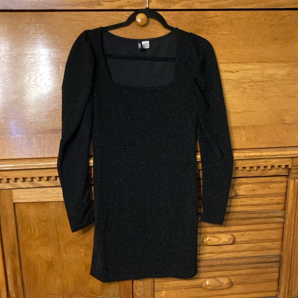 H&M Divided‎ Dark Romantic Goth Black Shimmer Square Neck Puff Sleeve Mini Dress